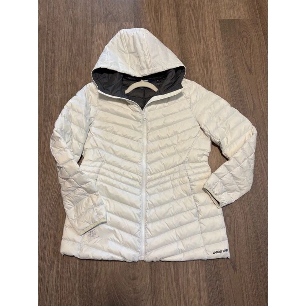 Lands End White Down Puff Jacket Mid Length Sz M 10/12 ultralight packable